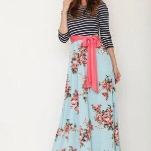 Egs mint floral striped maxi dress with side pockets & sash tie. Women's size L